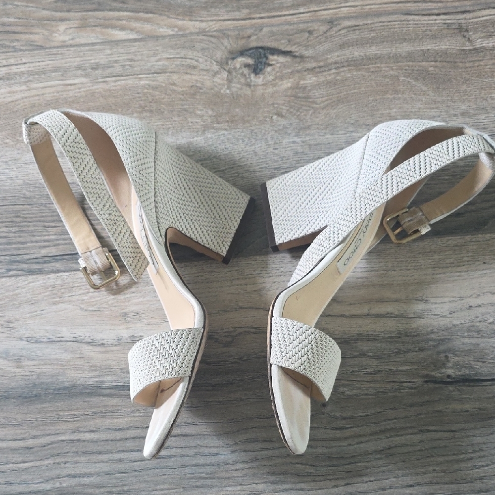 Jimmy Choo Cream Woven Leather Ankle-Strap Heels - Picture 2 of 10